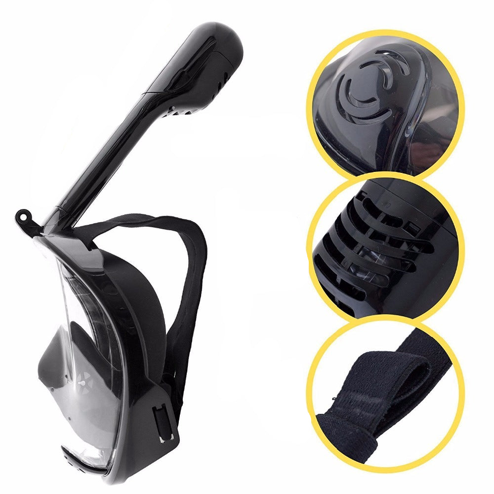 Top view of diving snorkel mask showing dry top snorkel design