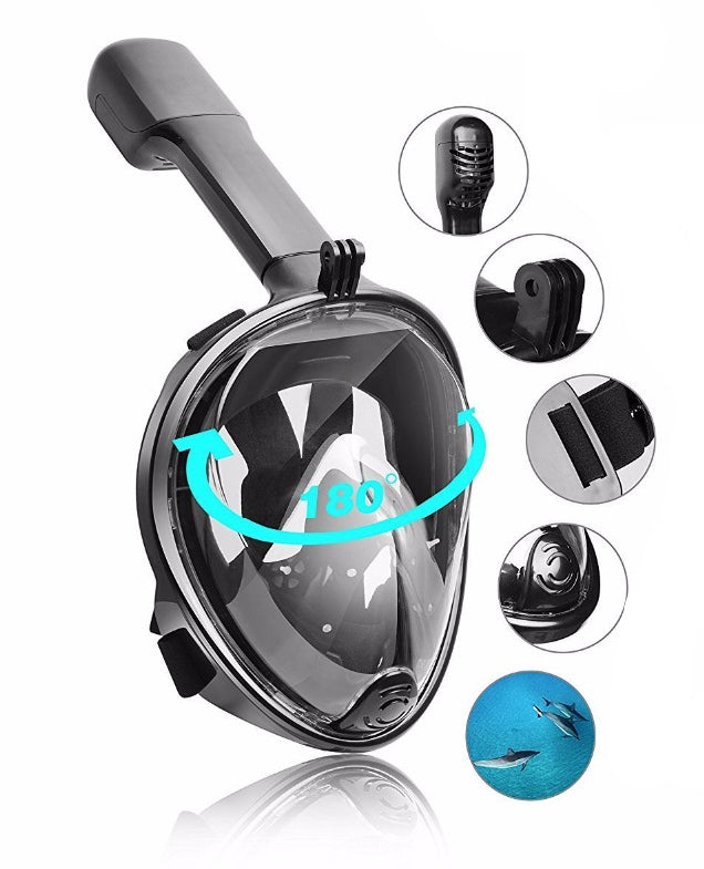 Underwater use of diving snorkel mask showing clear visibility