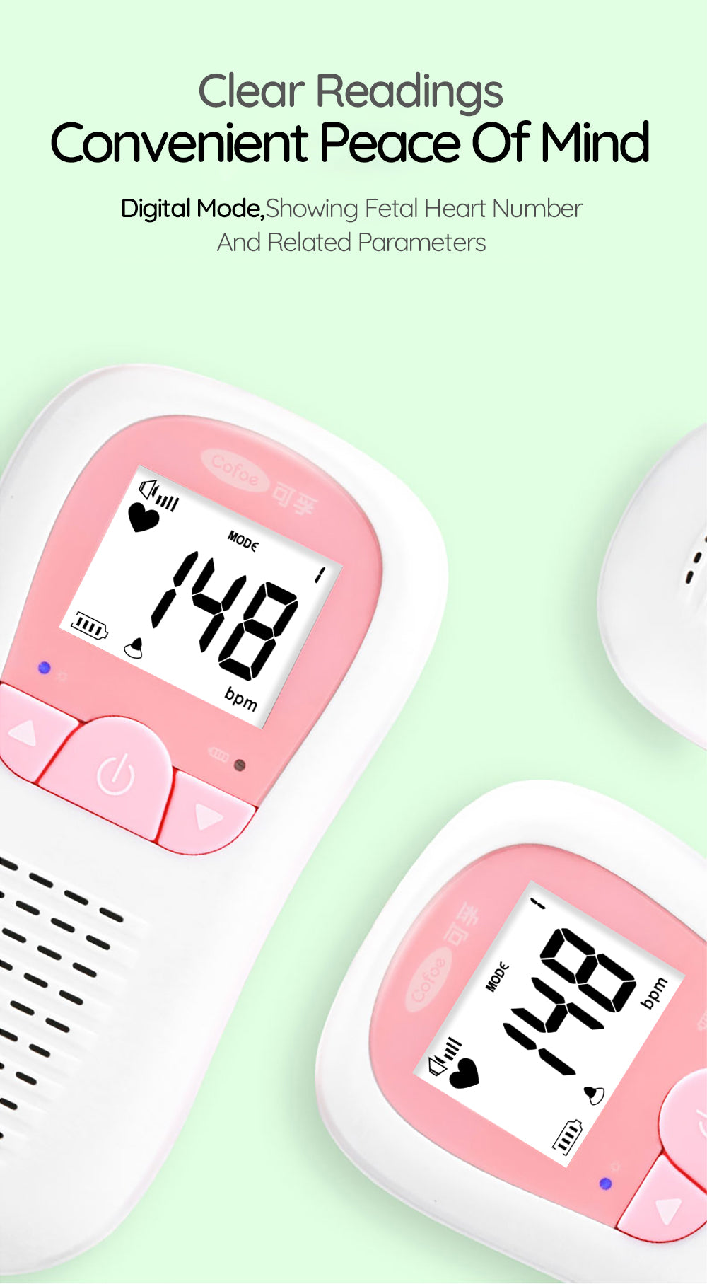 Fetal Doppler showing measurement range on digital screen