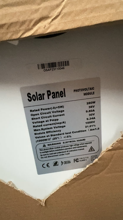 Solar Panel 280W showing 36V label and electrical specifications
