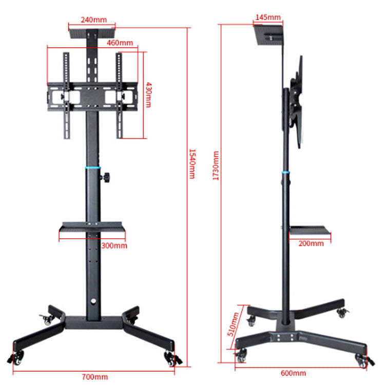 Close up of black steel frame on TV stand height adjustable