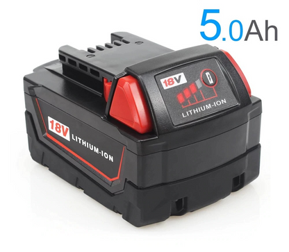 Milwaukee M18 18V 5Ah battery with protective overload casing visible