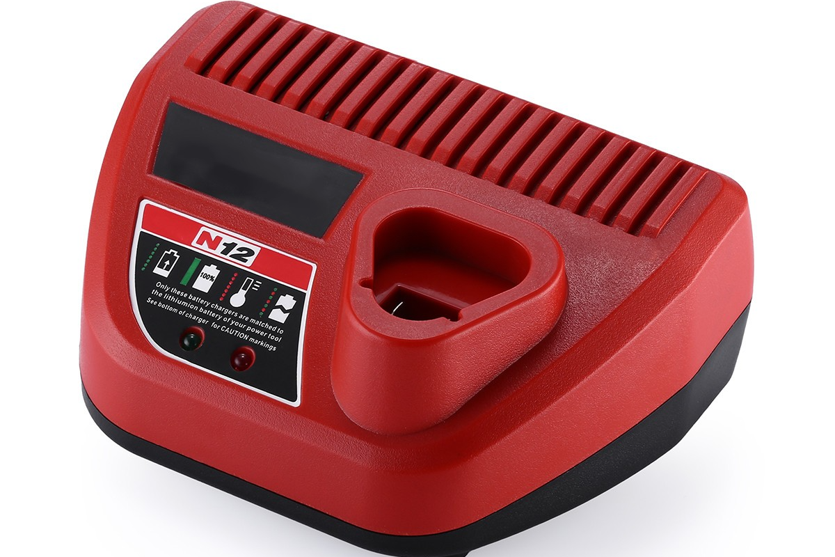 Replacement Milwaukee M12 charger plugged into a New Zealand power outlet