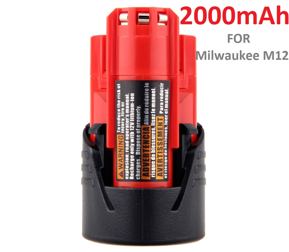 Top angle of lithium-ion Milwaukee M12 12V 2Ah replacement battery