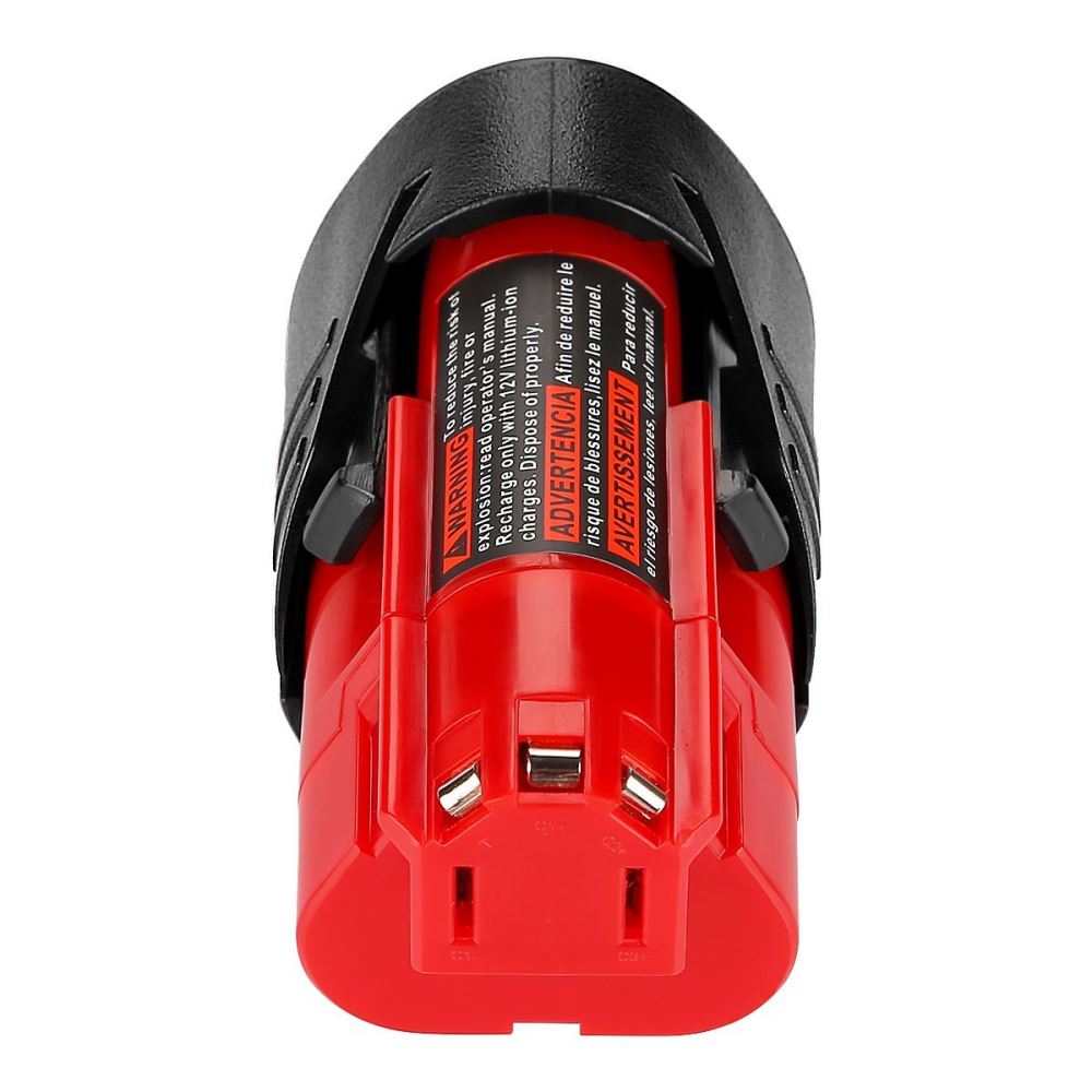 Milwaukee M12 12V 2Ah battery with label showing voltage and capacity