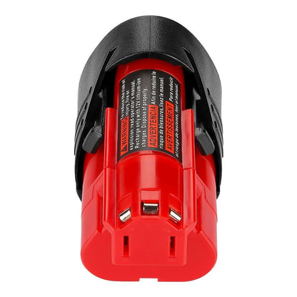 Milwaukee M12 12V 2Ah battery with label showing voltage and capacity