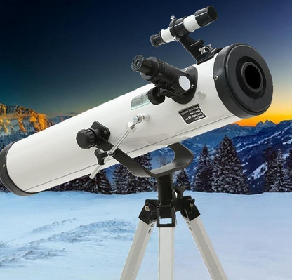 Top view of reflector telescope showing optical glass mirror
