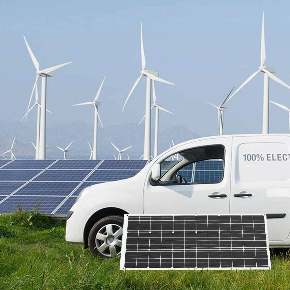 Solar panel flexible 200W mounted on a car roof outdoors