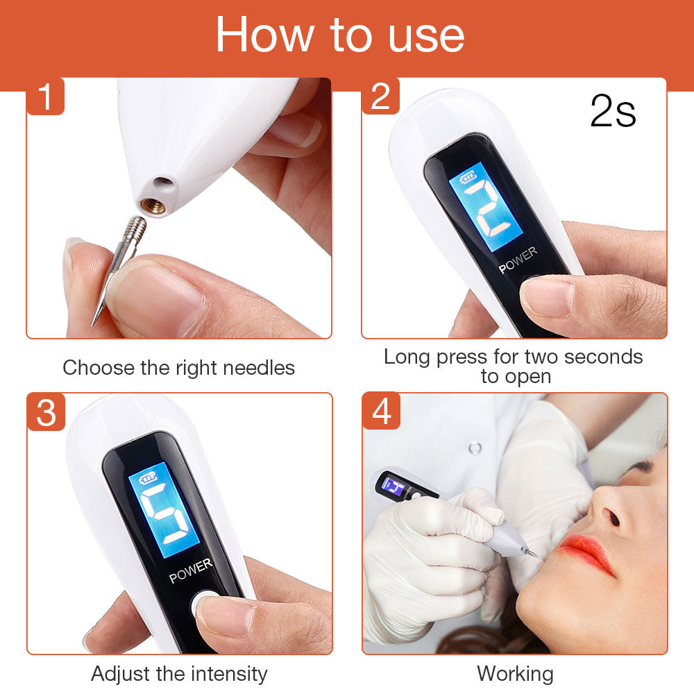 Skin spot removal pen held at angle showing size