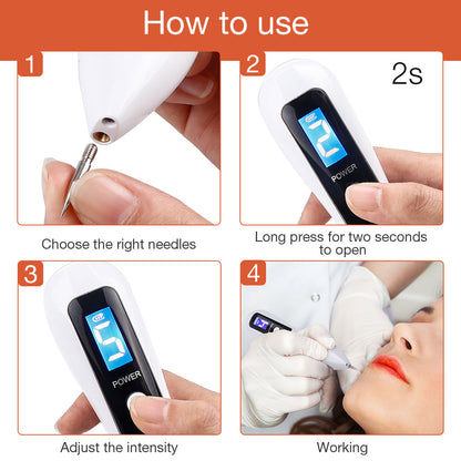 Skin spot removal pen held at angle showing size