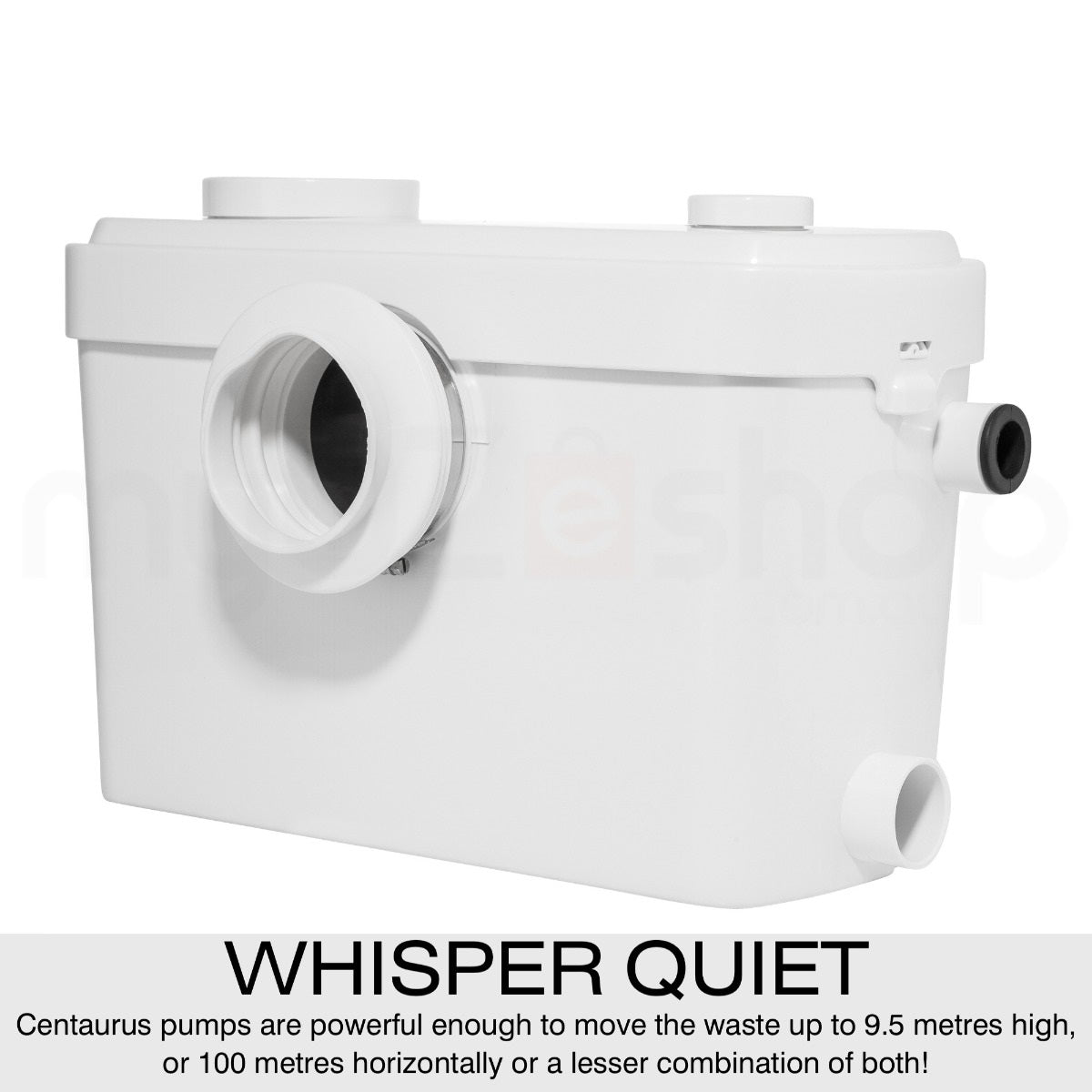 Macerator sewage pump with attached shower and sink pipes