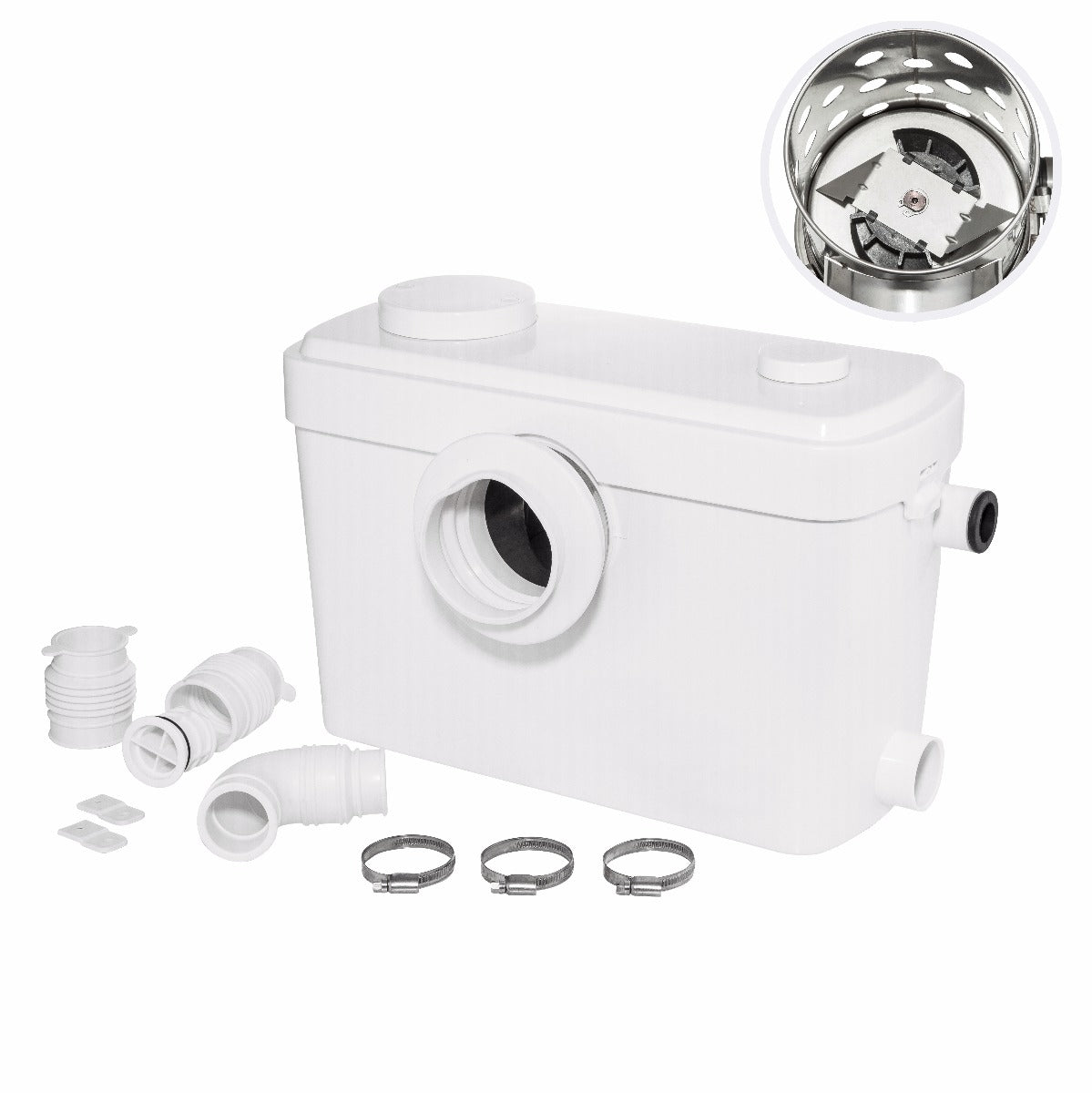 Side angle of automatic macerator pump with inlet ports