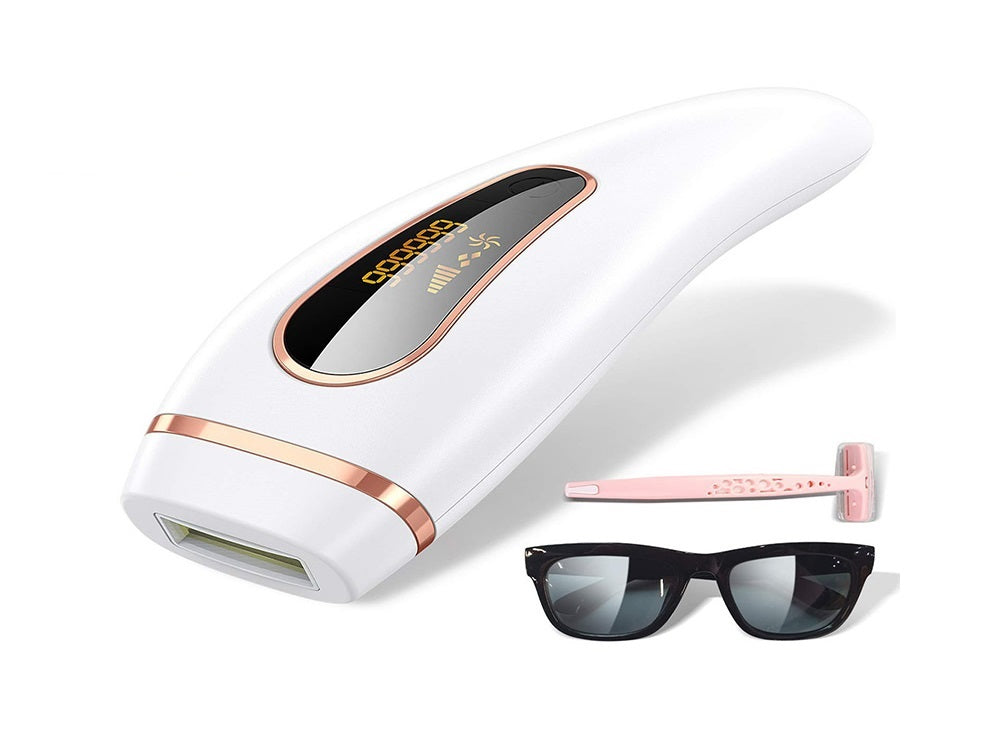 Side angle of IPL laser hair removal device highlighting ergonomic handle