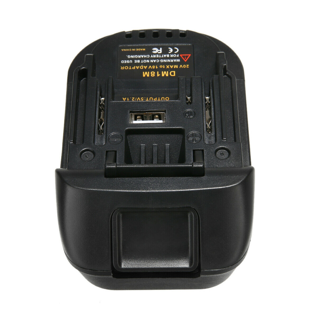 Makita 18V battery adapter angled to show battery contacts