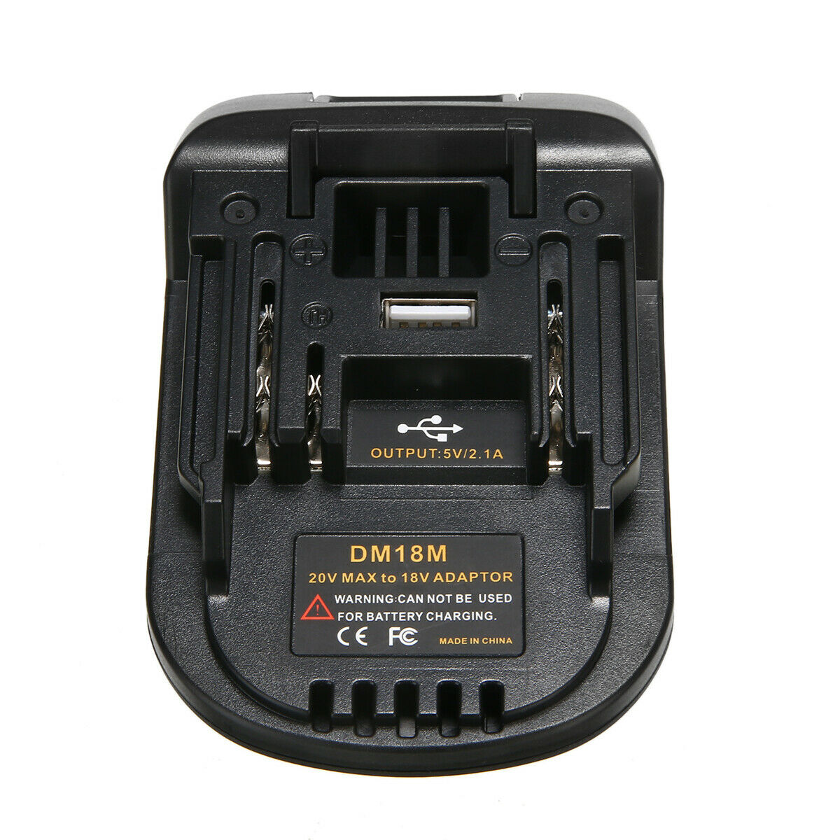 Top angle of Makita 18V battery adapter with USB port visible