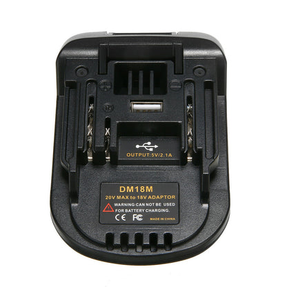 Top angle of Makita 18V battery adapter with USB port visible