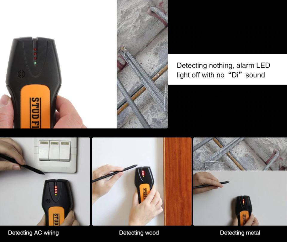 Stud finder displaying red LED lights when detecting metal