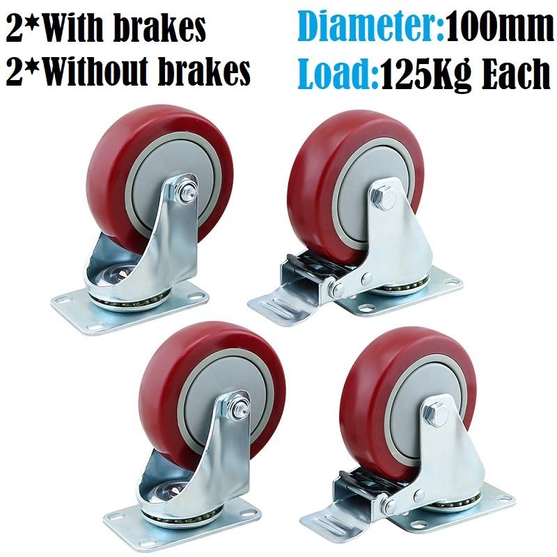 Caster Wheels Kit 100mm 4inch 2 with brakes+2 without brakes Red