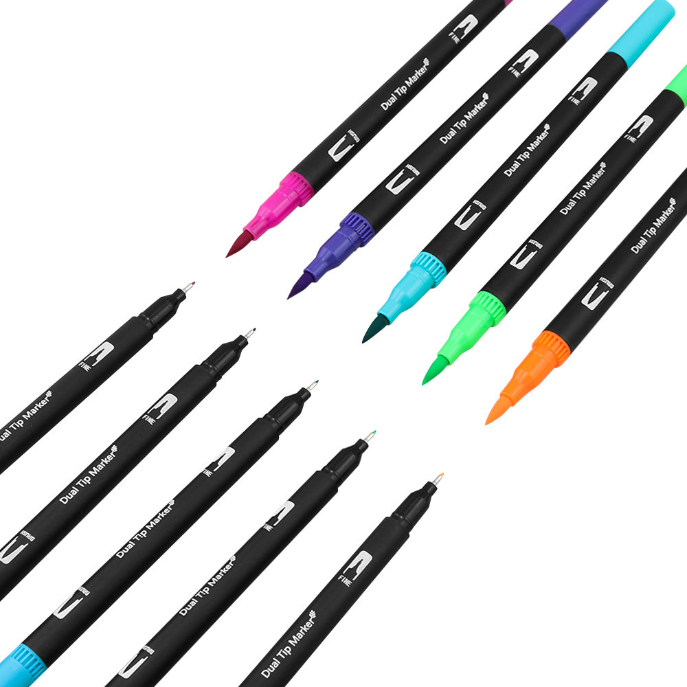 Water colour markers arranged by colour shade in black case