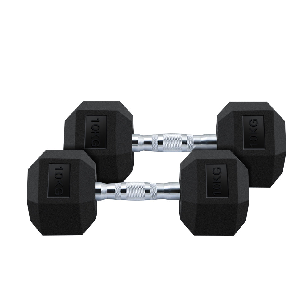 Dumbbell set 2x 10kg hex weights placed on weights bench
