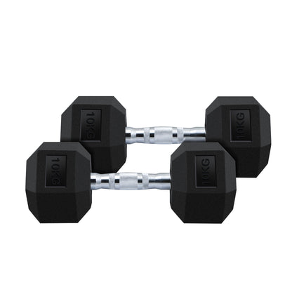 Dumbbell set 2x 10kg hex weights placed on weights bench