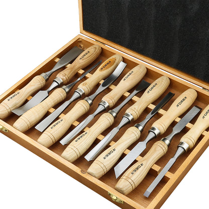 Side view of wood carving tools set ergonomic hardwood handles