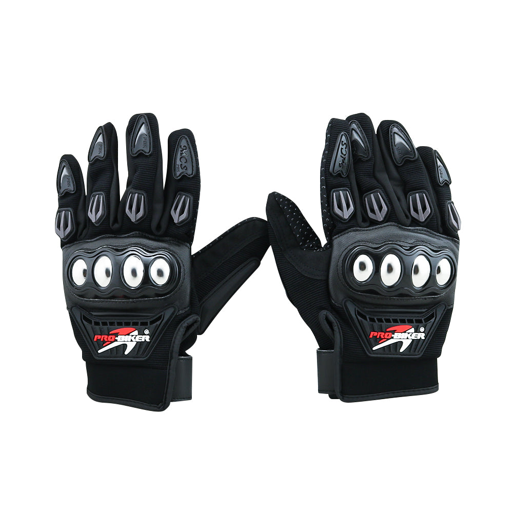 Pair of weatherproof biker gloves laid flat on white background