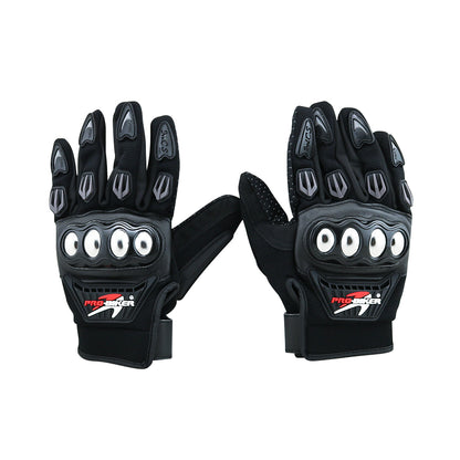 Pair of weatherproof biker gloves laid flat on white background