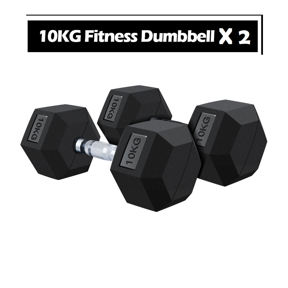 Dumbbell set 2x 10kg hex weights showing size and grip