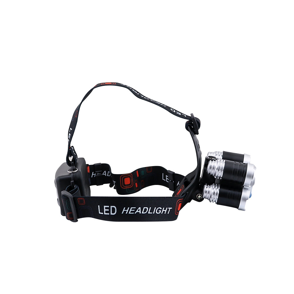 LED outdoor headlamp placed on a wooden table showing compact size
