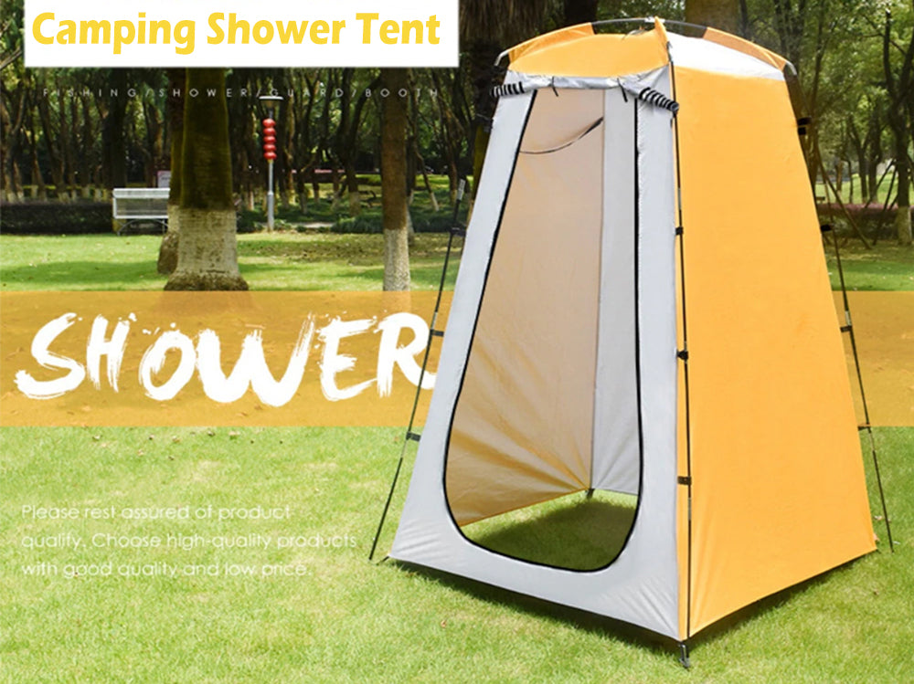 Side angle of yellow shower tent highlighting UV protection coating