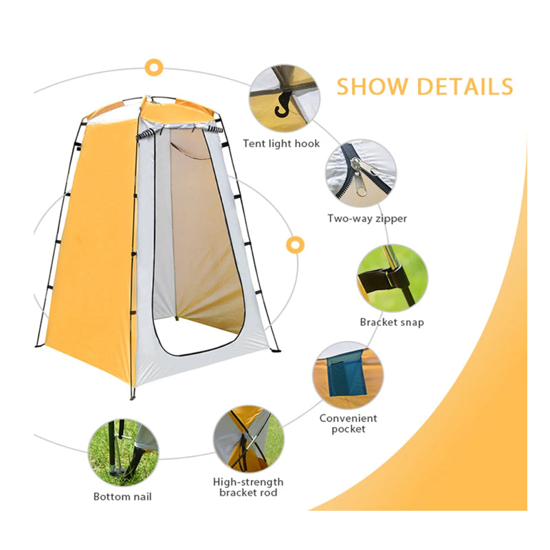 Outdoor camping shower tent set up on a beach in New Zealand