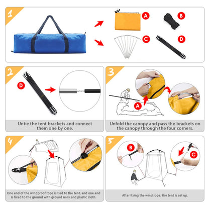 Yellow shower tent with wind ropes attached for stability