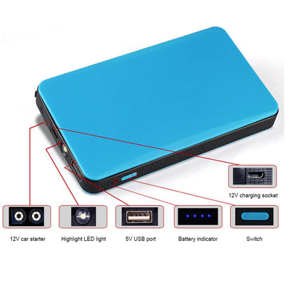 Side angle of red car jump starter with USB charging cable