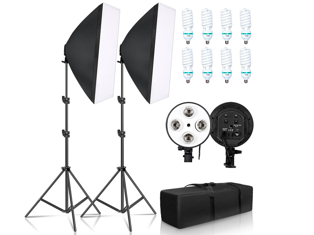 Photography studio lighting kit with 8 bulbs and soft boxes displayed