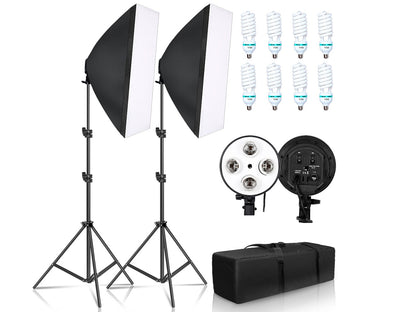 Photography studio lighting kit with 8 bulbs and soft boxes displayed