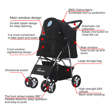 Rear view of foldable pet stroller with sturdy wheels