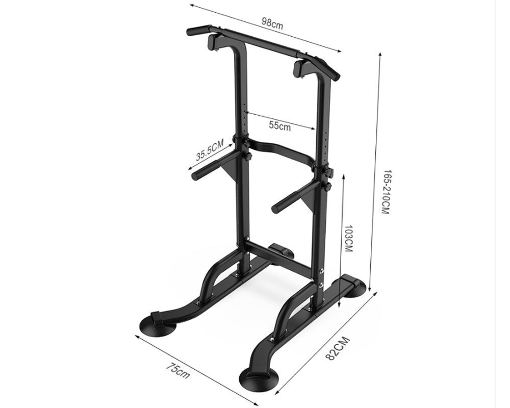 Side angle of chin up pull up station showing splayed anti-roll base