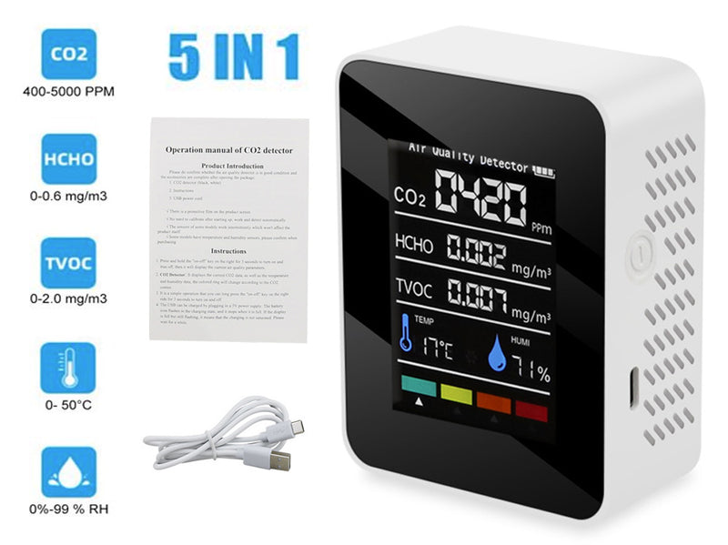 CO2 Detector Monitor Ppm Quality Indoor Air 5 in 1 Tester