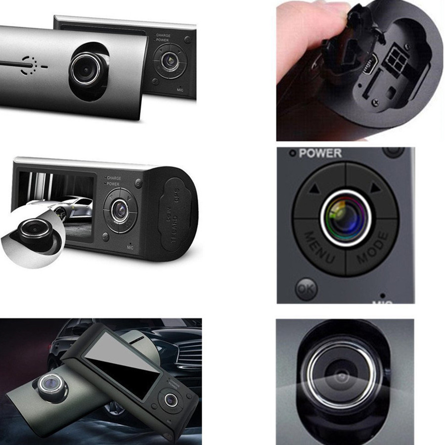 Dual car dash camera mounted on windscreen inside car
