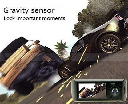 Dual car dash camera with GPS tracking displayed on screen