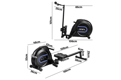 Top view of rowing machine showing 90cm row length