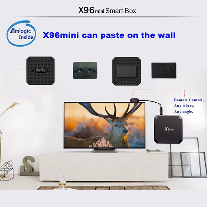 Android Smart TV Box connected to TV displaying 4K video