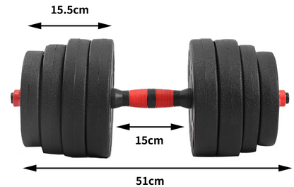 Side view of adjustable dumbbells with weight plates