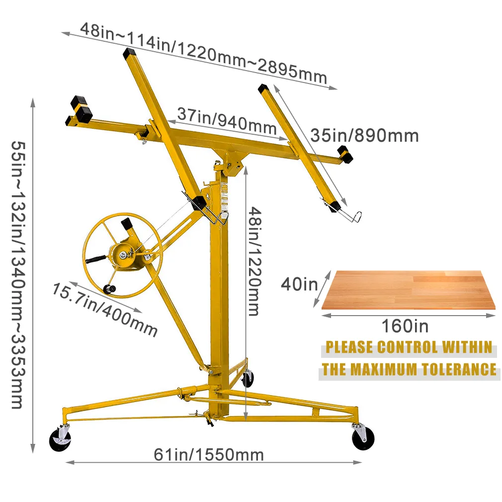 Drywall lifter height adjustment from 126cm to 335cm