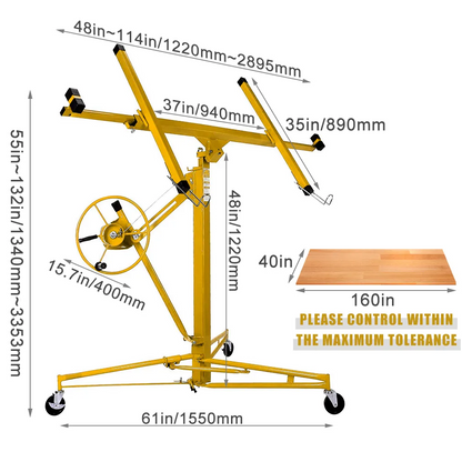 Drywall lifter height adjustment from 126cm to 335cm