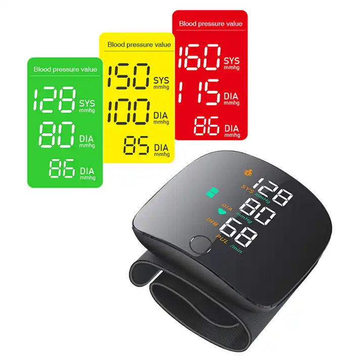 Side angle of portable blood pressure monitor with cuff attached