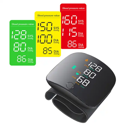 Side angle of portable blood pressure monitor with cuff attached