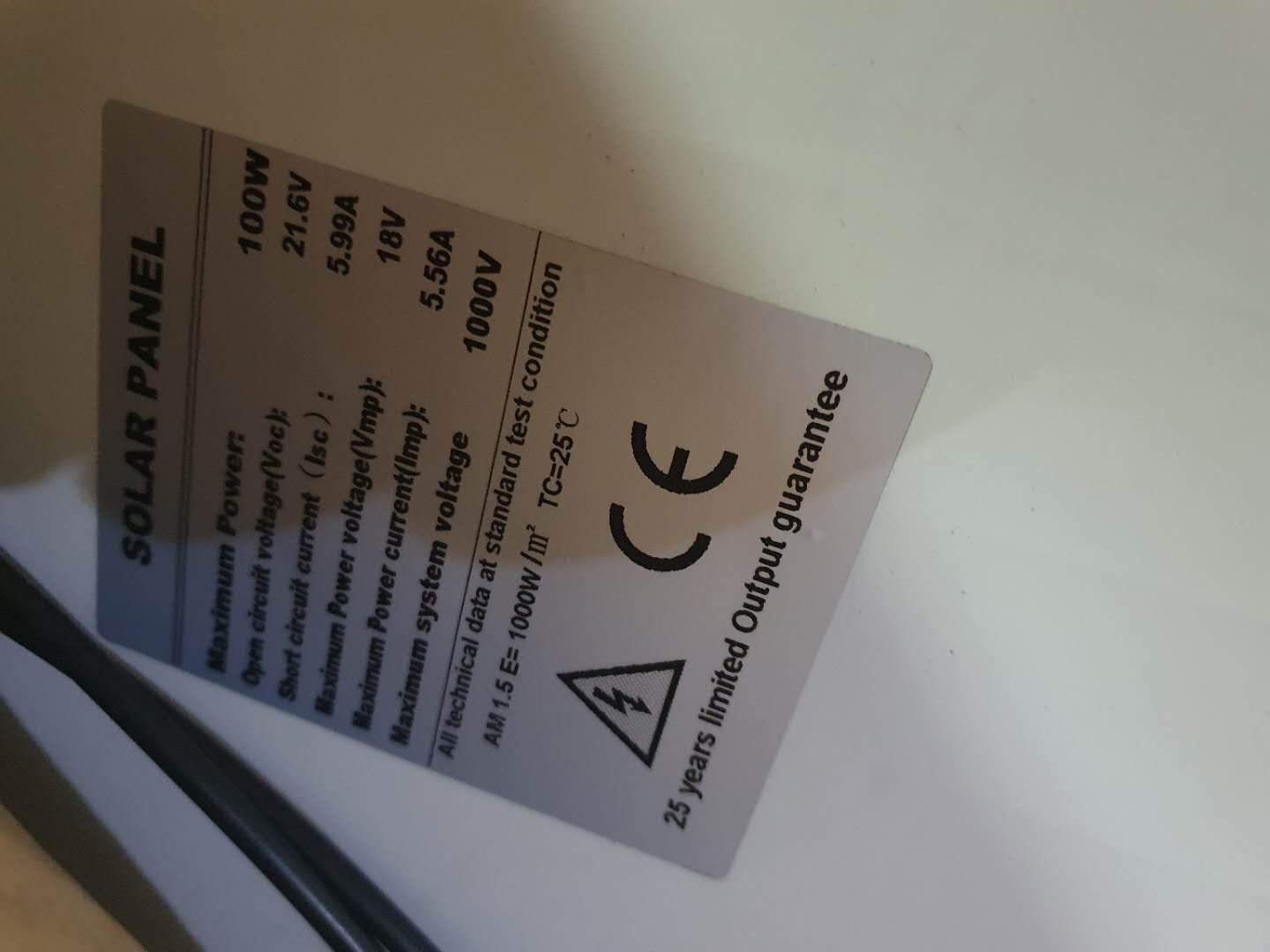 Solar panel showing open circuit voltage label and specifications