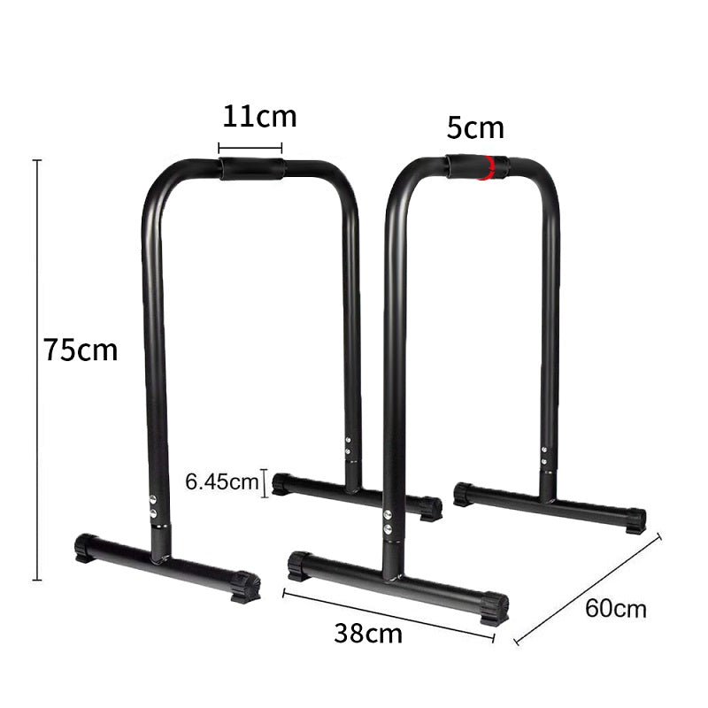 Parallel bar station dip bars showing sturdy base bars on floor